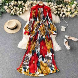 Neploe Vintage Bohemian Holiday Long Dress Women High Waist Hip A Line Draped Vestidos O Neck Pullover Long Sleeve Print Robe 210423