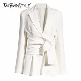 Elegant Women's Blazer Notched Long Sleeve Ruched Lace Up Slim Blazers For Female Summer Fashion Clothing 210524