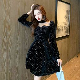 Women Spring Arrival Long Sleeve Stand Collar Transparent Mesh Patchwork Velvet Dot Elegant Sweet Dress 210514