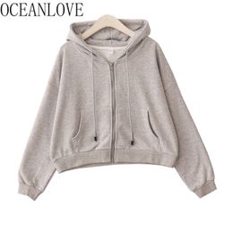 Autumn Zip-up Sweatshirts Solid Casual Korean Vintage Front Pocket Woman Hoodies Preppy Style Sudaderas 19195 210415