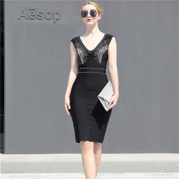 Elegant Bandage Dress Sexy Sleeveless Summer Casual Elastic Beading V-Neck Women Dresses Bodycon Fashion Party 210515