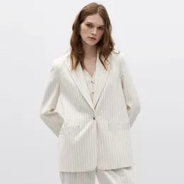 Women's Suits & Blazers Women High Street White Striped Blazer Single Button Long Sleeve Pockets Office Suit Coats 2021 Fashion Autumn Jacke