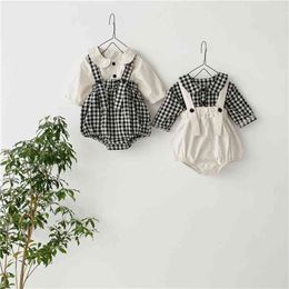 Baby-Mädchen, süßes Puppenhemd und karierter Body, 2-teilig, Anzüge, Baby-Baumwolle, All-Match-Outfits, Kleinkinder-Kinderkleidungssets 210508