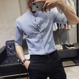 Summer Striped Shirts for Men Stand-up Collar Slim Fit Casual Shirt Male Business Dress Office Work Shirts Camisa Masculina 210527