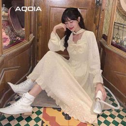 Spring Lace Women Dress Lolita Style Sweeter Long Sleeve Bow Collar es Butterfly Sleever White Ladies 210521