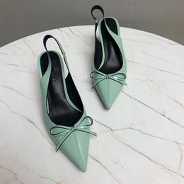 Summer green pointed sandals high quality leather medium heeled shoes Bow decorated ankle elastic leather strap sandal seaside slide