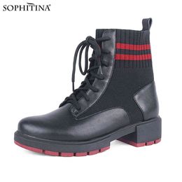 SOPHITINA Fashion Elastic Ankle Boots for Women Autumn Comfortable Low Heel Classic Lace Up Stretchy Socks Booties C788 210513