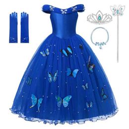 MUABABY Princess Rella Dress up Clothes Girl Off Shoulder Pageant Ball Gown Kids Deluxe Fluffy Bead Halloween Party Costume 210317