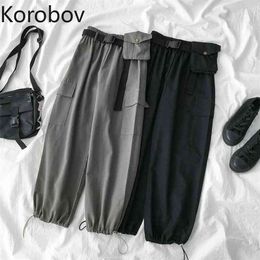 Korobov Harajuku Casual Summer Women Trousers Korean High Waist Elastics Preppy Style Pants Streetwear Pockets Sashes Joggers 210430