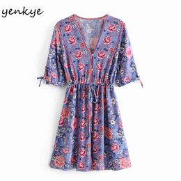 Holiday Summer Dress Women Vintage Floral Print Vestido Tie Cuffs Short Sleeve V Neck A-line Casual Plus Size 210514