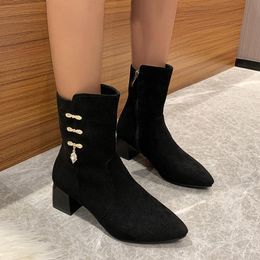 Boots Women Fashion Rhinestone Short Tube Thick Heel Pointed Retro Zipper Ankle Autumn Winter Female Shoe Plus Size