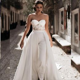 Fashion Strapless Wedding Jumpsuit Dress with Detachable Train 2022 Summer Holiday Bridal Gowns Beach Bohemian Bride Dresses Pant Suit