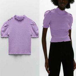 Za Purple Knit Sweater Women Short Puff Sleeve Ruffle Smocked Elastic Pullover Woman Chic Jewel Button Spring Knitted Top 210602
