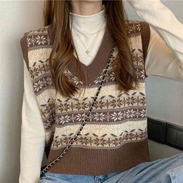 V-neck knitted vest women loose spring and autumn Korean style lazy knit sweater 210427