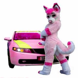 Mascot CostumesLong Fur Fursuit Wolf Fox Pink Husky Dog Mascot Costume Suit Adult Party Game Dress With Fan Halloween Decorations New