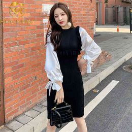 Spring and Autumn Slim Temperament Lotus leaf edge Black white Splicing Bishop sleeve Frenulum Dress 210506