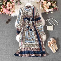 Spring Autumn Women's Pleated Dress Long-sleeved Shirt Korean Retro Ethnic Style Plus Size GD518 210506