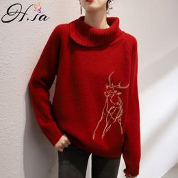 H.SA Women Irregular Pullovers White Red Embroidery Sweater Jumpers Vintage Christmas Knitwear Pull Femme 210417