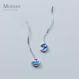 Charm Enamel Planet And Moon Drop Earrings for Women 925 Sterling Silver Long Chain Exquisite Luxury Dangle Ear Jewellery 210707