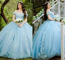 2022 Ice Blue Tulle Quinceanera Dress Floral Flower Lace Applique Crystal Beads Ball Gown Off Shoulder Plus Size Sweet 16 Dress Prom