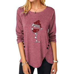 Women's T-Shirt Button O Neck Long Sleeved Tunic Women Clothing Solid Red Wine Glass Loose Irregular Pullovers Tops Tee Shirt
