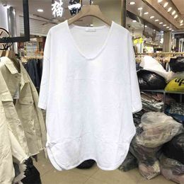 Arrival Summer Korean Fashion Women V-neck Casual T-shirt White Cotton Loose Tee Shirt Femme Long Tops Plus Size C02 210512
