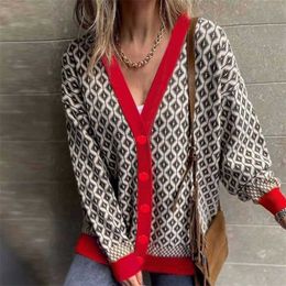 Women Sweater Knitted Houndstooth Cardigan V-Neck Jumper Loose Casual Lady Top Female Clothes Lattice Single-Breasted Buttons 211018