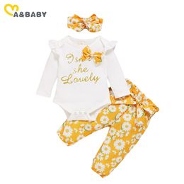 0-18M born Infant Baby Girls Flower Clothes Set Autumn Long Sleeve Romper Bow Floral Pants Headband Outfits 210515