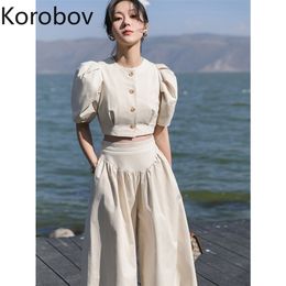 Korobov Women Sets Korean Spring Summer Vintage Solid Skirts Set Puff Sleeve Button Tops and Pockets Casual Skirt Suits 210430