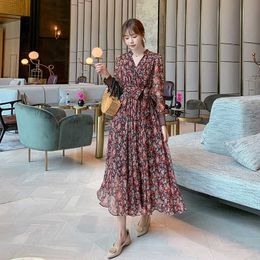 Vintage Flower Floral Summer Chiffon Midi Long Elegant Lady Office Work Dress with Sashes Retro Casual Boho Beach Vestidos 210529