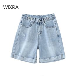 Wixra Summer Blue Demin Shorts Button Pockets High Waist Casual Streetwear Women 210719