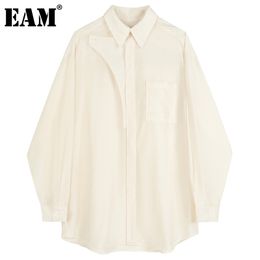 [EAM] Women Cream Spliced Casual Big Size Blouse Lapel Long Sleeve Loose Fit Shirt Fashion Spring Autumn 1DD6291 210512