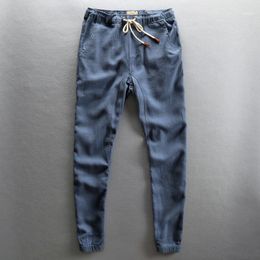 -Мужские штаны 2021 летние полная длина хлопчатобумажные льняные гарем мужские эластичные талии легкие повседневные брюки синий черный бежевый Male1