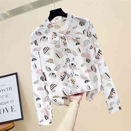 Spring Autumn Women's Blouses Printed Bowknot Long Sleeve Shirt Korean Style Casual Loose Slim Female Tops GX328 210507