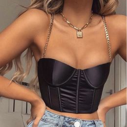 summer tops ladies sexy corset tops without black chain belt thickened short satin casual black crop tops 210419