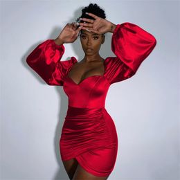 Sexy Low-cut Square Neck Lantern Sleeve Irregular Bodycon Dress Femme Nightclub Backless Cross Ruched Satin Party Wine Red 210604