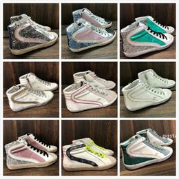 "İtalya Marka Slayt Yüksek Üst Ayakkabı Moda Kadın Sneakers Lüks Eğitmenler Pullu Klasik Beyaz Yap-Kirli Erkekler Ayakkabı