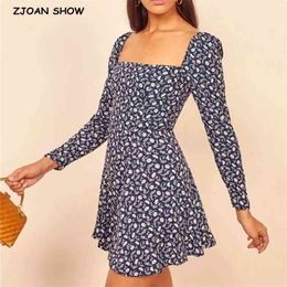 Retro Navy blue Floral Print Long sleeve Mini Dress Woman Vintage French Square Collar Back elastic Ruched Dresses Holiday 210429