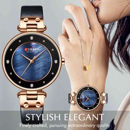 CURREN Womens Watches Top Brand Luxury Leather Waterproof Wristwatch Women Blue Clock Fashion Quartz Ladies Watch Reloj Mujer 210517