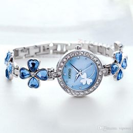 Frau Mode Clover Kleid Uhren Armbänder Edelstahl Farbe Student Armband blau Strass Quarzuhr Liebhaber Mädchen Geschenk Muschel Zifferblatt