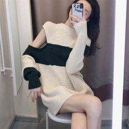 Korean Casual Pull Long Women Sweater Lady Striped White Black Knitted Top Basic Loose Pullover Sexy Jumper 210514