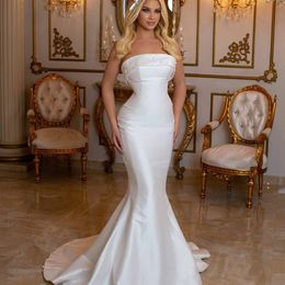 Strapless Satin Mermaid Wedding Dresses Pearls Arabic Bridal Gowns Sweep Train Elegant vestido de novia Customise