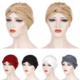 Muslim Women Twist Knot Stretch Turban Hijab Headscarf Wrap Hair Loss Cancer Cap Hat Indian Cover Islamic Beanies Solid Color