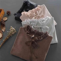 Lace edge sash ruffled collar sweet kawaii long sleeve cotton t-shirt tee feminine autumn winter 210401
