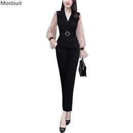 Autumn Elegant Two Piece Set Women Plus Size Long Sleeve Mesh Patchwork Tunic Tops With Belt + Elastic Pants Korean Outfit 210513
