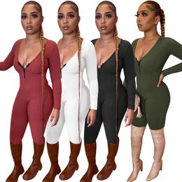 Women Knitted Thread Skinny Rompers Fashion Trend Long Sleeve Zipper V Neck One Piece Jumpsuit Designer Female Slim Casual Bodycon Bodysuits
