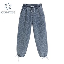 Spring Fashion Jeans With Print Women Lace Up Stretch Waist Trousers Streetwear Oversize Baggy Wide Leg Femme 210515