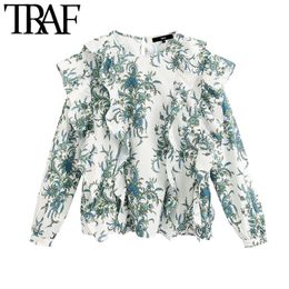 TRAF Women Fashion Floral Print Ruffled Blouses Vintage O Neck Long Sleeve Female Shirts Blusas Chic Tops 210415