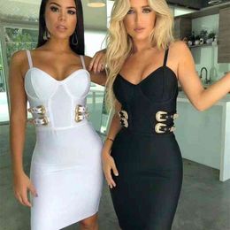 Vestidos Women Sexy DesignerV Neck Mental White Black Bandage Dress Celebrity Night Club Mini Party 210527