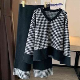 Autumn Winter Vintage Women Outfits Knit Houndstooth Pullover Sweaters + Wide leg pants Sets Woman Casual Fashion 2 Pieces Set 210519
